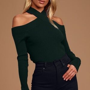 Lulus Party Mode Dark Green Ribbed Cold-shoulder Sweater Top - Size L
